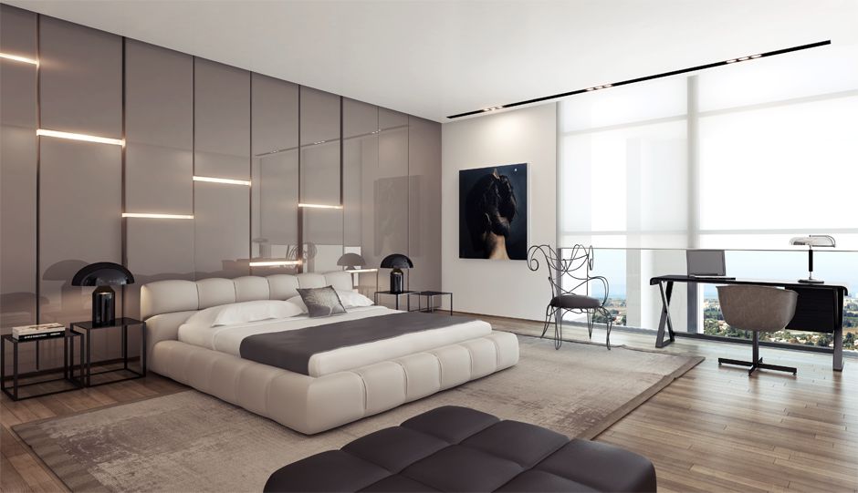 Et bilde av et moderne soverom som ser veldig vakkert ut