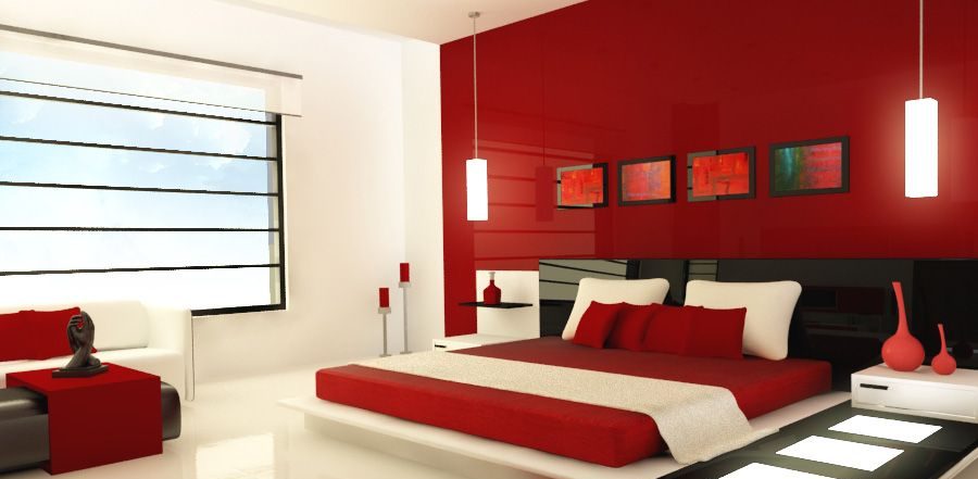 लाल रंग में भव्य बेडरूम