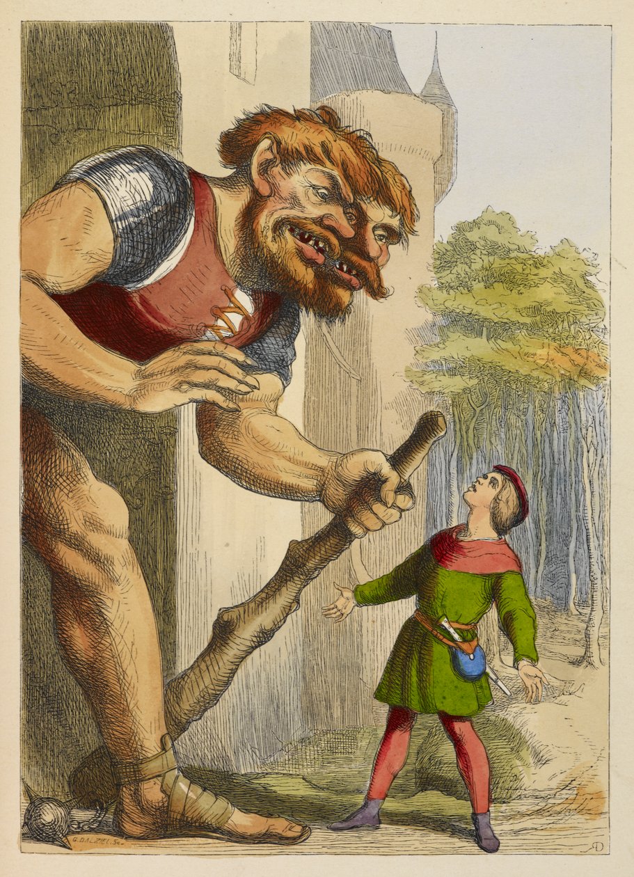 Richard Doyle   Jack looking up at a giant who has two heads The giant is Welsh Colour illustrat   MeisterDrucke 1354022 - موقع مصري
